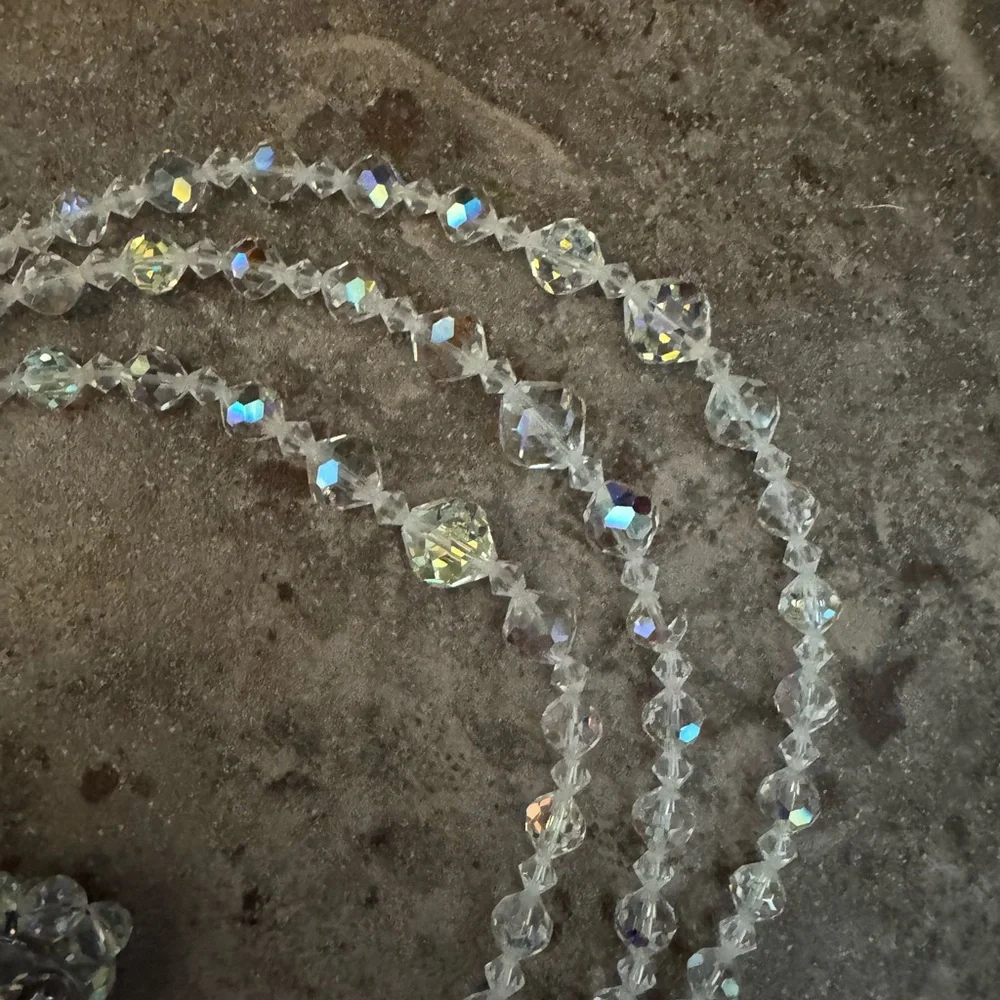 Vintage Crystal Necklace 3 Strands Clip On Earrings Aurora Borealis Set Art Deco